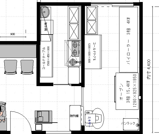 カフェベーカリーパン屋の厨房設計レイアウト図面 | 飲食店の内装工事